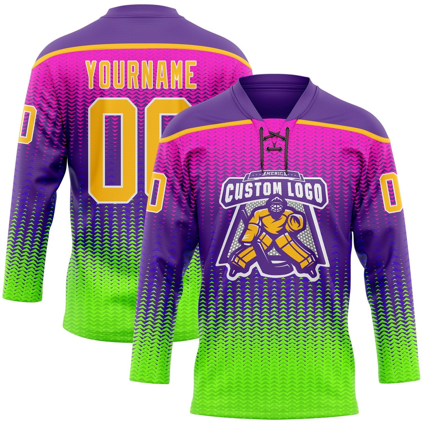 Custom Purple Gold Green-White Abstract Gradient Halftone Pattern Hockey Lace Neck Jersey view 2