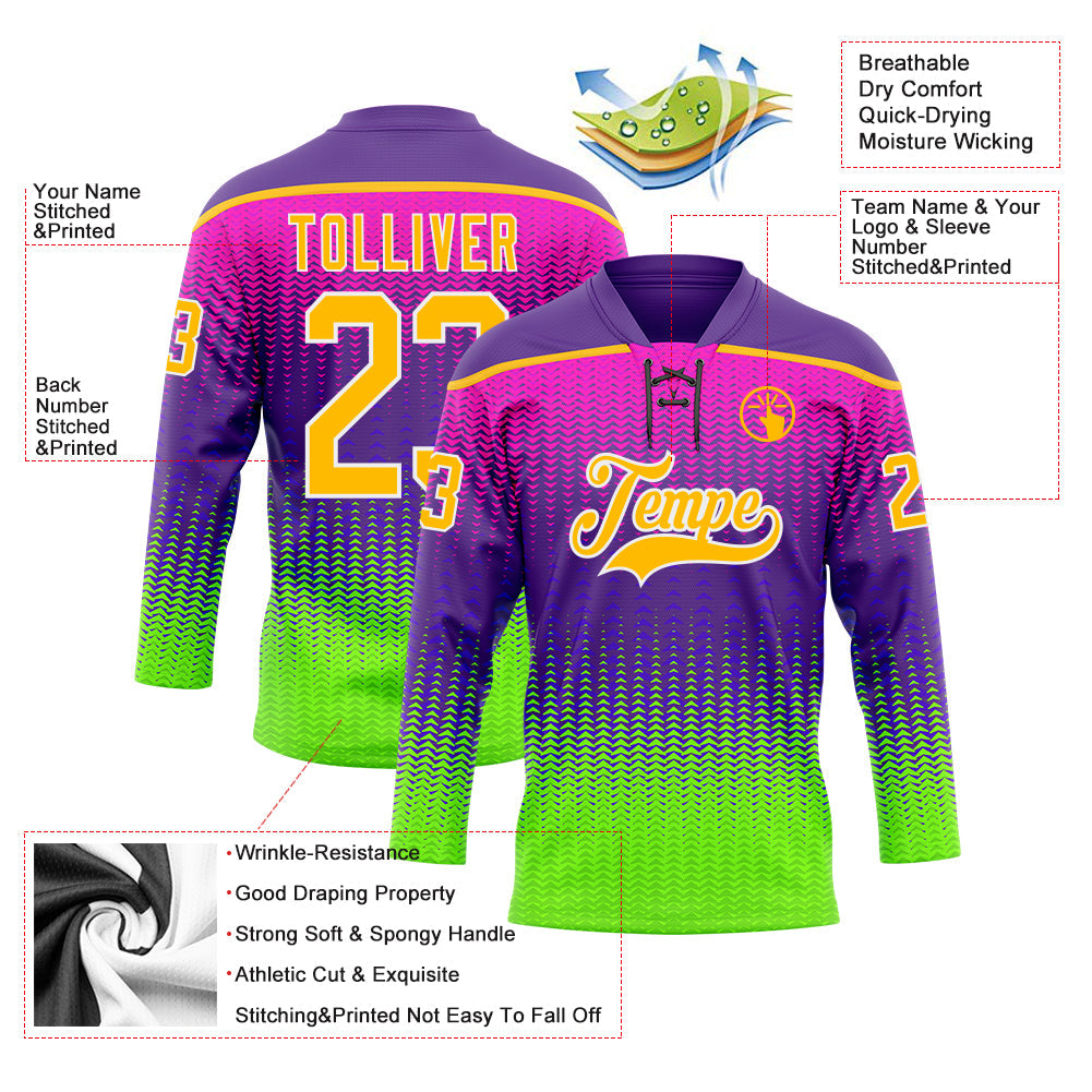 Custom Purple Gold Green-White Abstract Gradient Halftone Pattern Hockey Lace Neck Jersey view 5