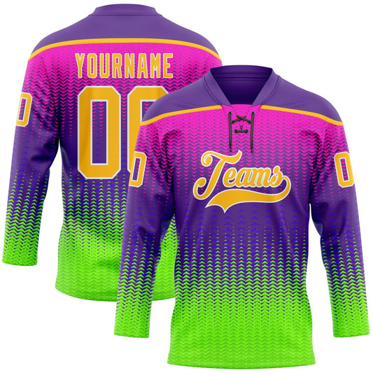 Custom Purple Gold Green-White Abstract Gradient Halftone Pattern Hockey Lace Neck Jersey - Main View