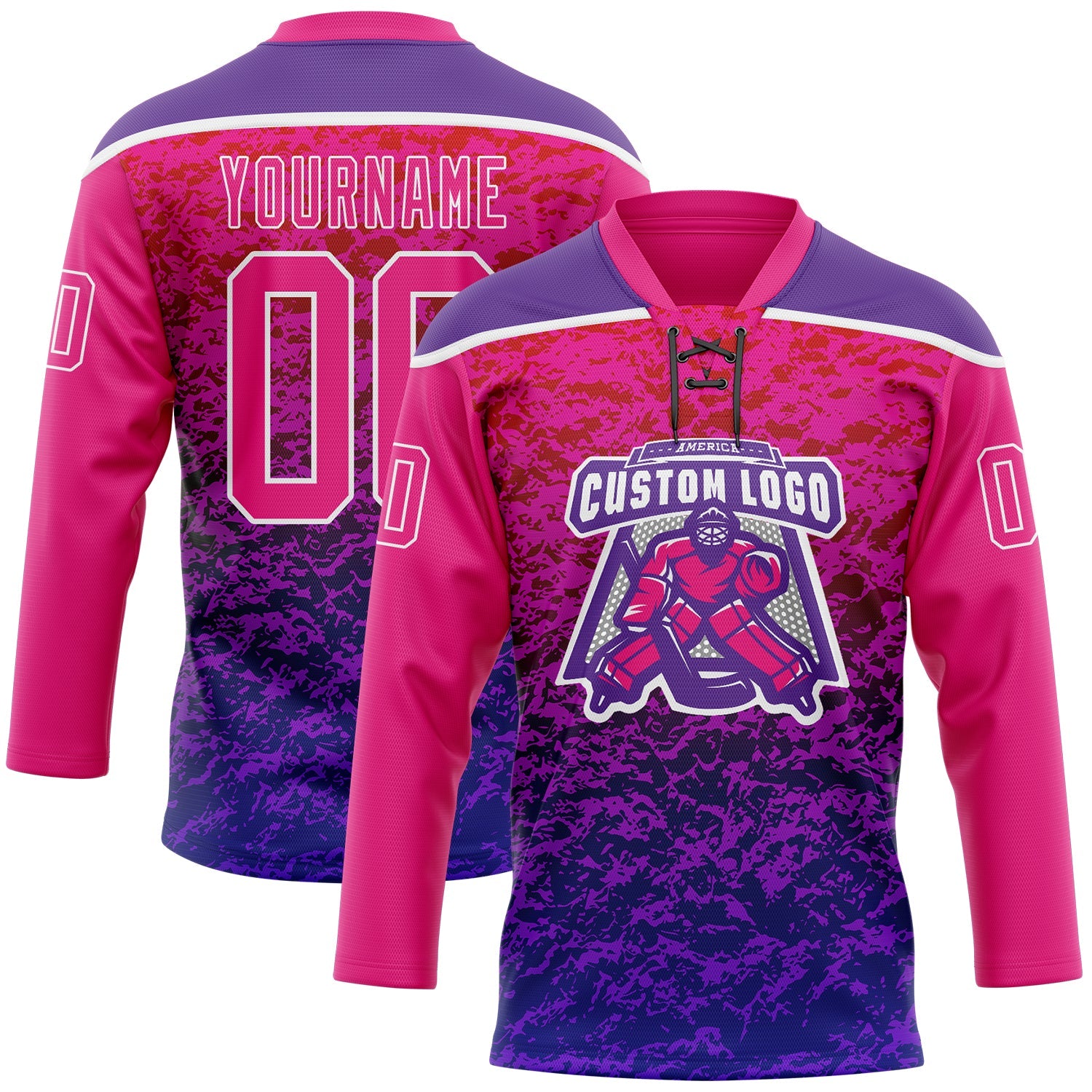 Custom Hot Pink Purple-White Abstract Gradient Halftone Pattern Hockey Lace Neck Jersey view 2