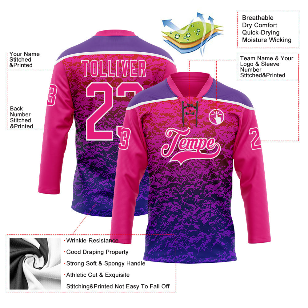 Custom Hot Pink Purple-White Abstract Gradient Halftone Pattern Hockey Lace Neck Jersey view 5