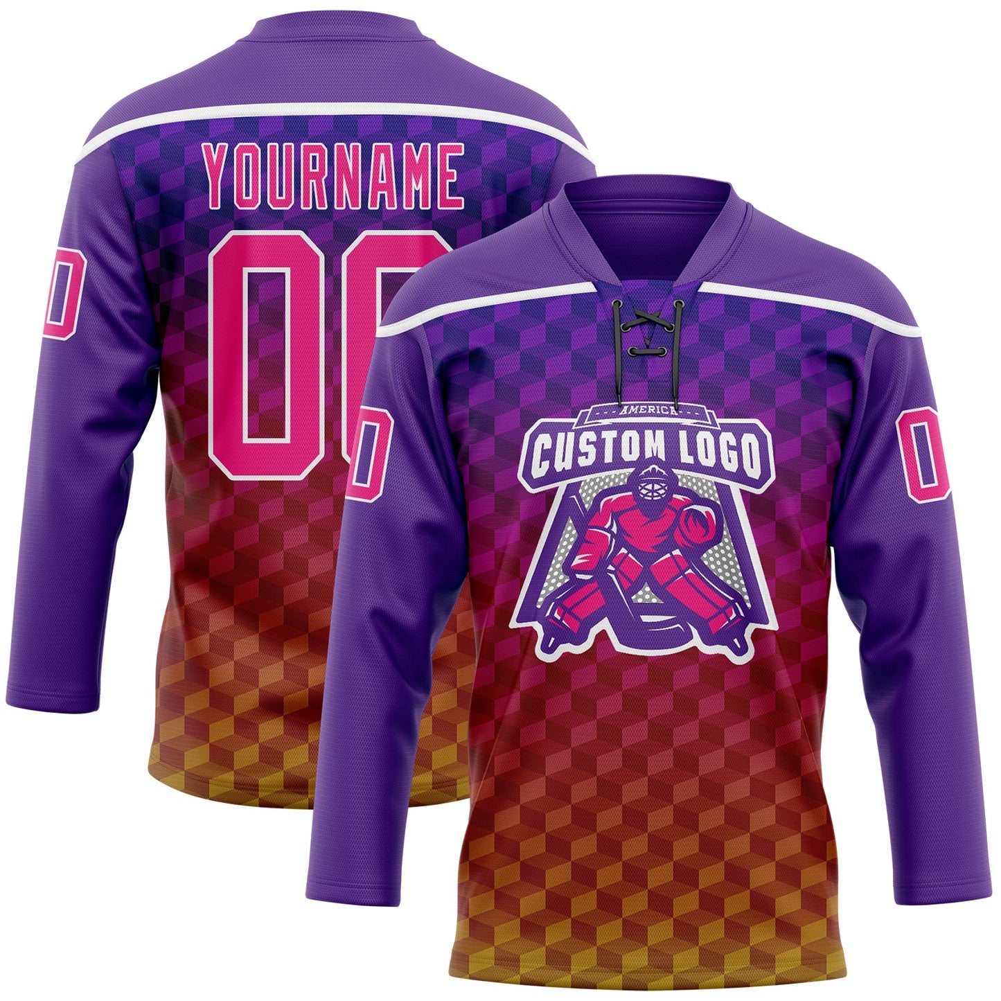 Custom Purple Hot Pink Old Gold-White Abstract Gradient Halftone Pattern Hockey Lace Neck Jersey view 2