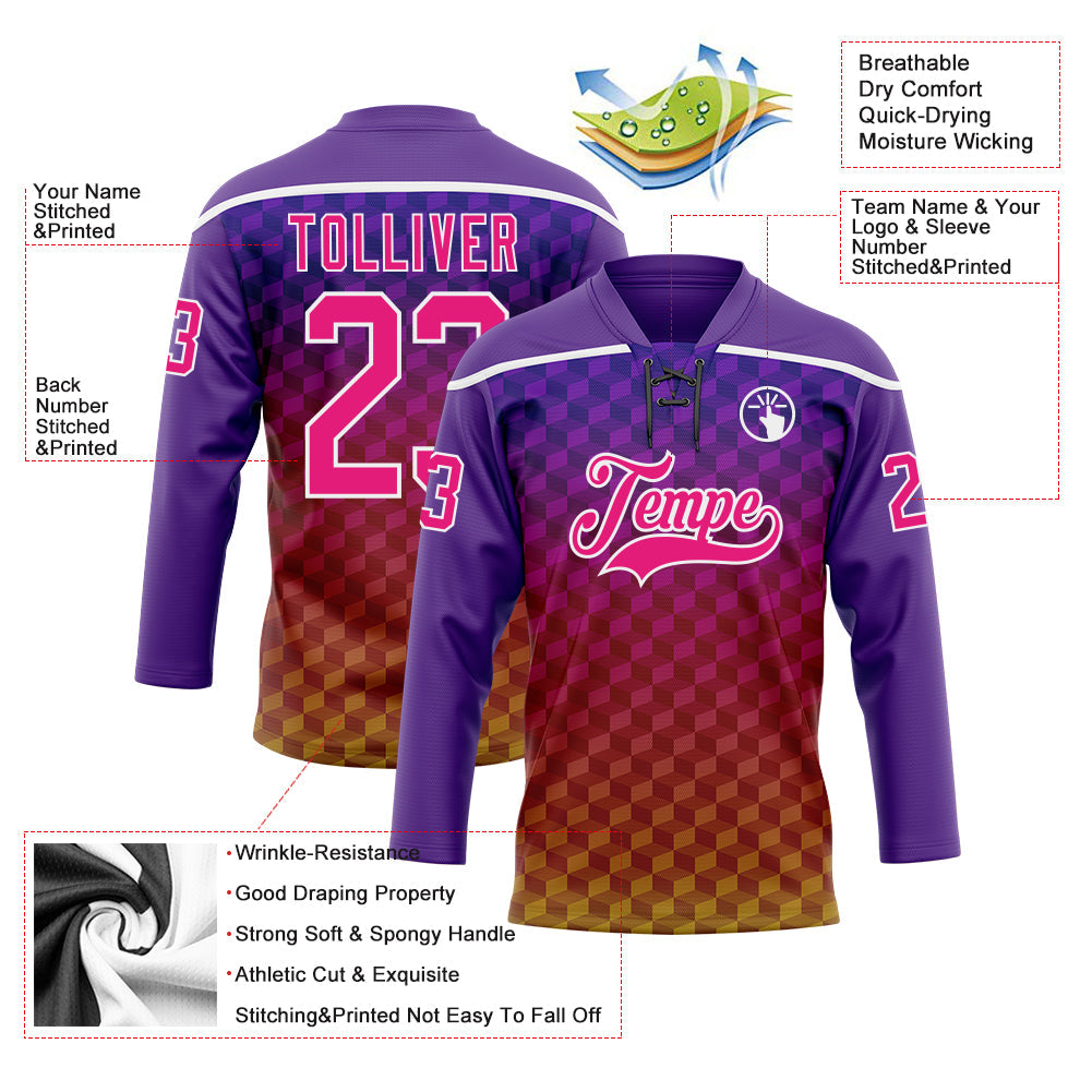 Custom Purple Hot Pink Old Gold-White Abstract Gradient Halftone Pattern Hockey Lace Neck Jersey view 5