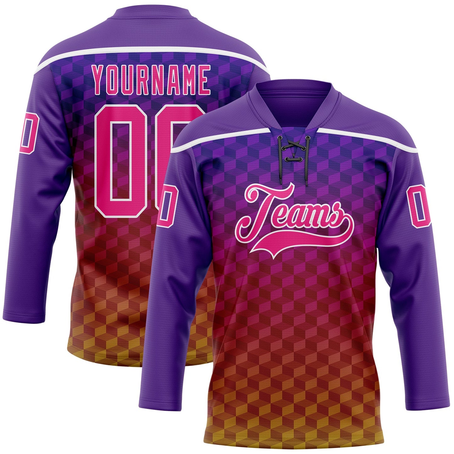 Custom Purple Hot Pink Old Gold-White Abstract Gradient Halftone Pattern Hockey Lace Neck Jersey - Main View