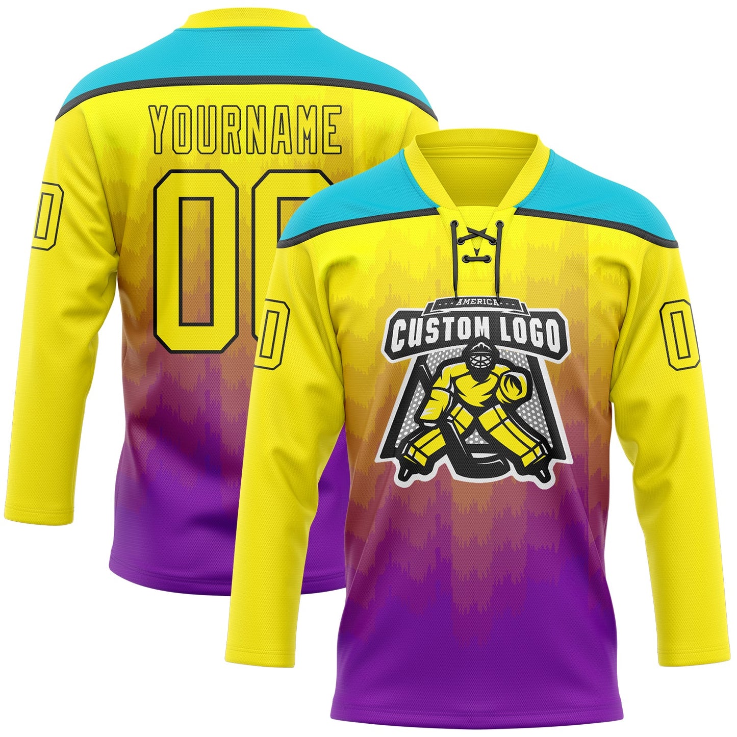 Custom Light Yellow Purple Lakes Blue-Black Abstract Gradient Halftone Pattern Hockey Lace Neck Jersey view 2