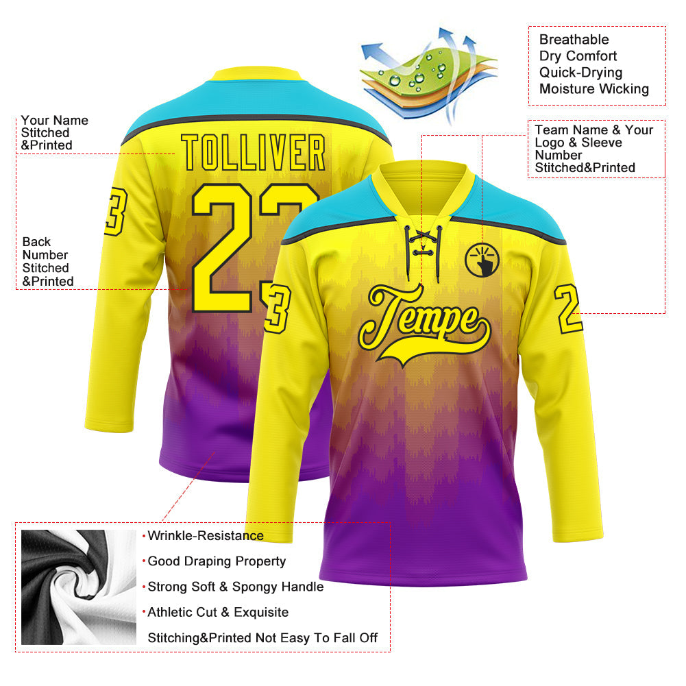 Custom Light Yellow Purple Lakes Blue-Black Abstract Gradient Halftone Pattern Hockey Lace Neck Jersey view 5