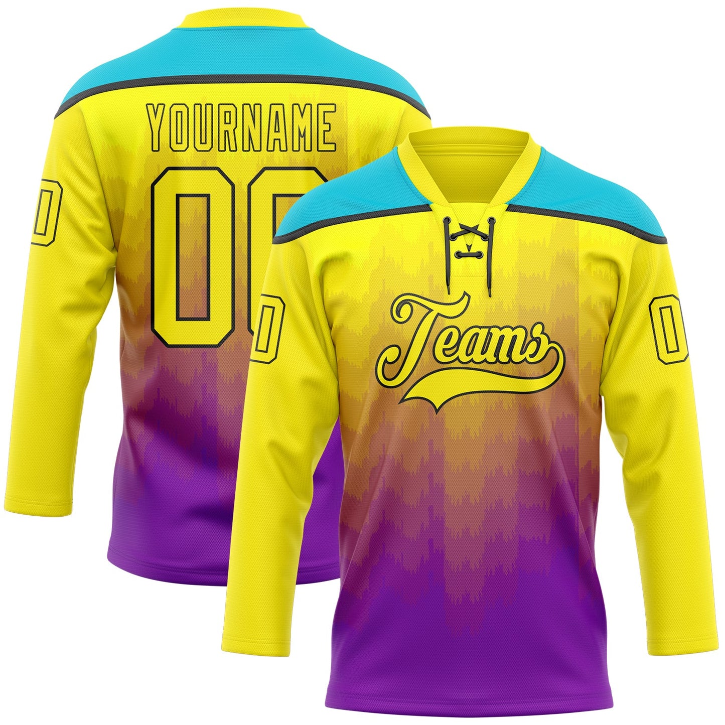 Custom Light Yellow Purple Lakes Blue-Black Abstract Gradient Halftone Pattern Hockey Lace Neck Jersey - Main View