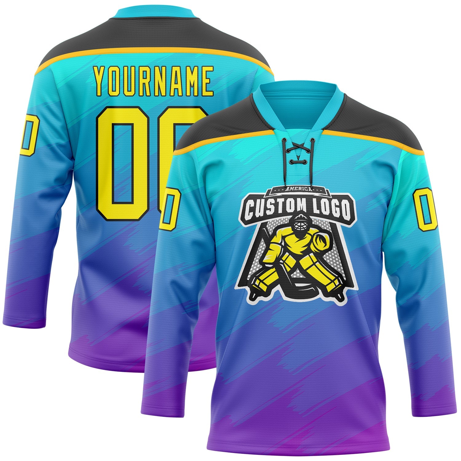 Custom Lakes Blue Light Yellow Purple Gold-Black Abstract Gradient Halftone Pattern Hockey Lace Neck Jersey view 2