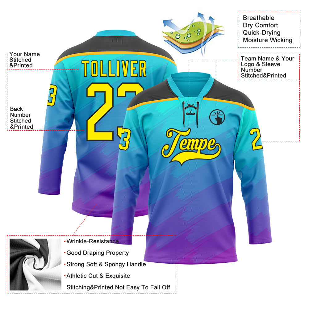 Custom Lakes Blue Light Yellow Purple Gold-Black Abstract Gradient Halftone Pattern Hockey Lace Neck Jersey view 5