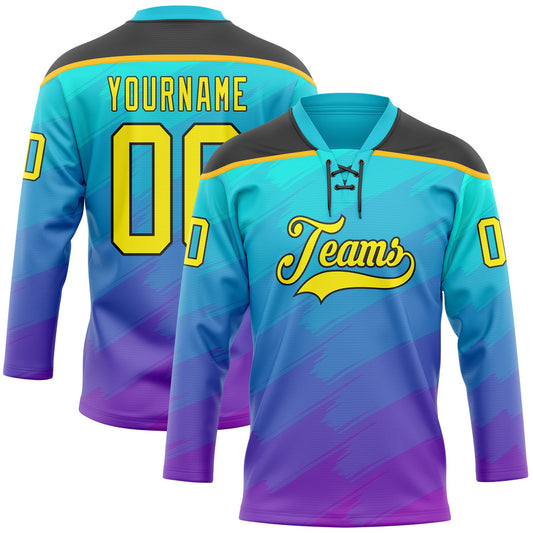 Custom Lakes Blue Light Yellow Purple Gold-Black Abstract Gradient Halftone Pattern Hockey Lace Neck Jersey - Main View