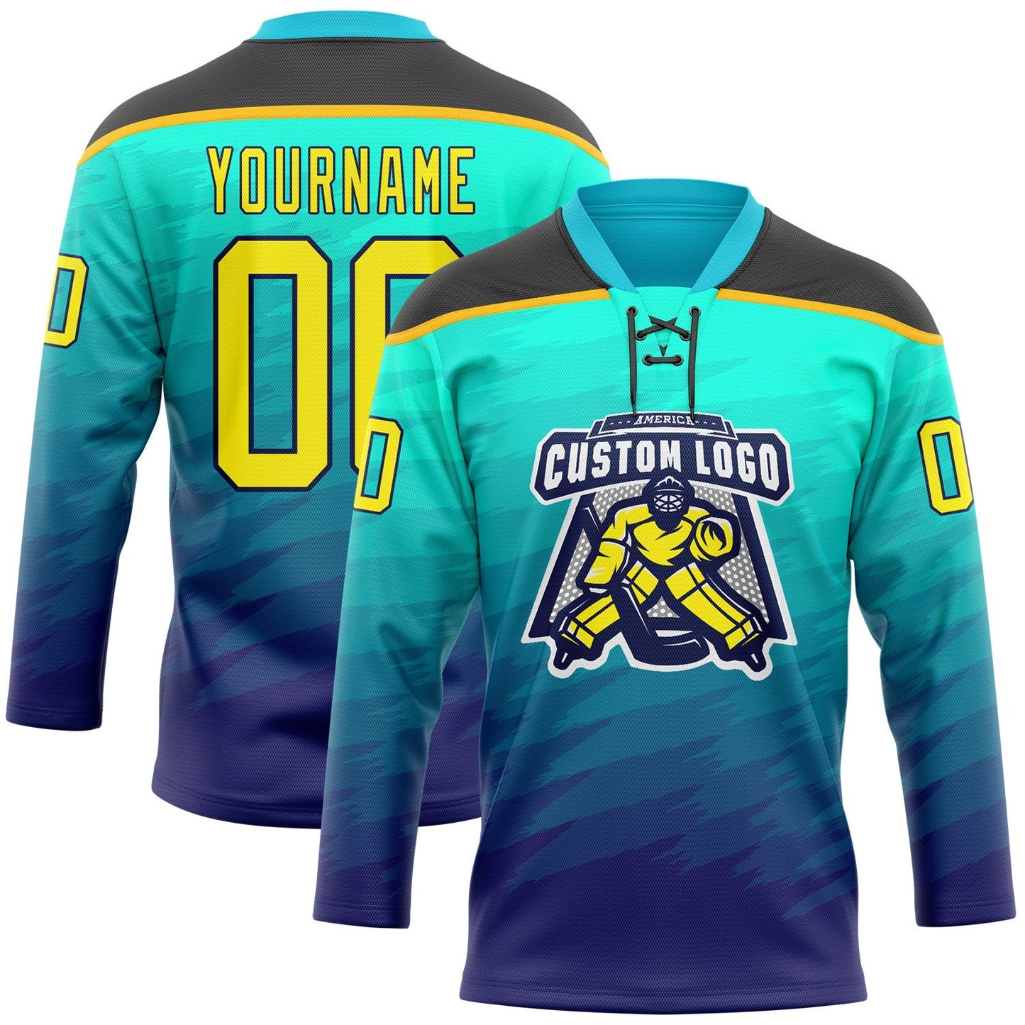 Custom Green Light Yellow Blue Black-Gold Abstract Gradient Halftone Pattern Hockey Lace Neck Jersey view 2