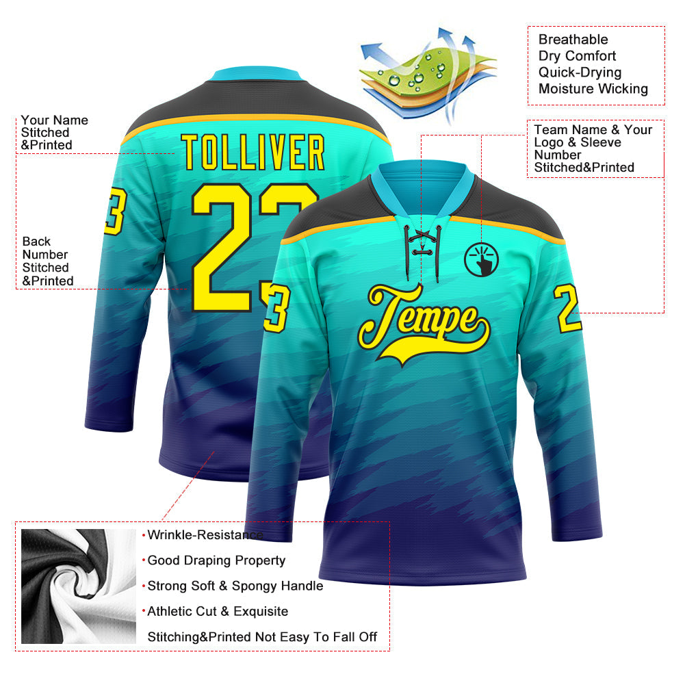 Custom Green Light Yellow Blue Black-Gold Abstract Gradient Halftone Pattern Hockey Lace Neck Jersey view 5