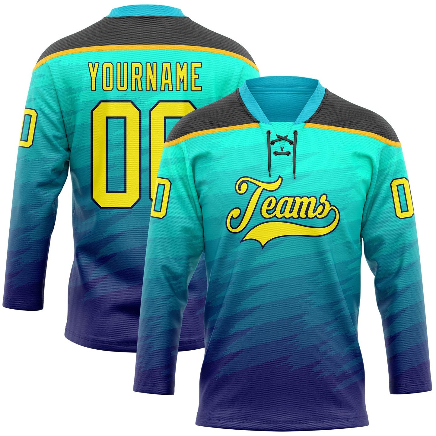 Custom Green Light Yellow Blue Black-Gold Abstract Gradient Halftone Pattern Hockey Lace Neck Jersey - Main View