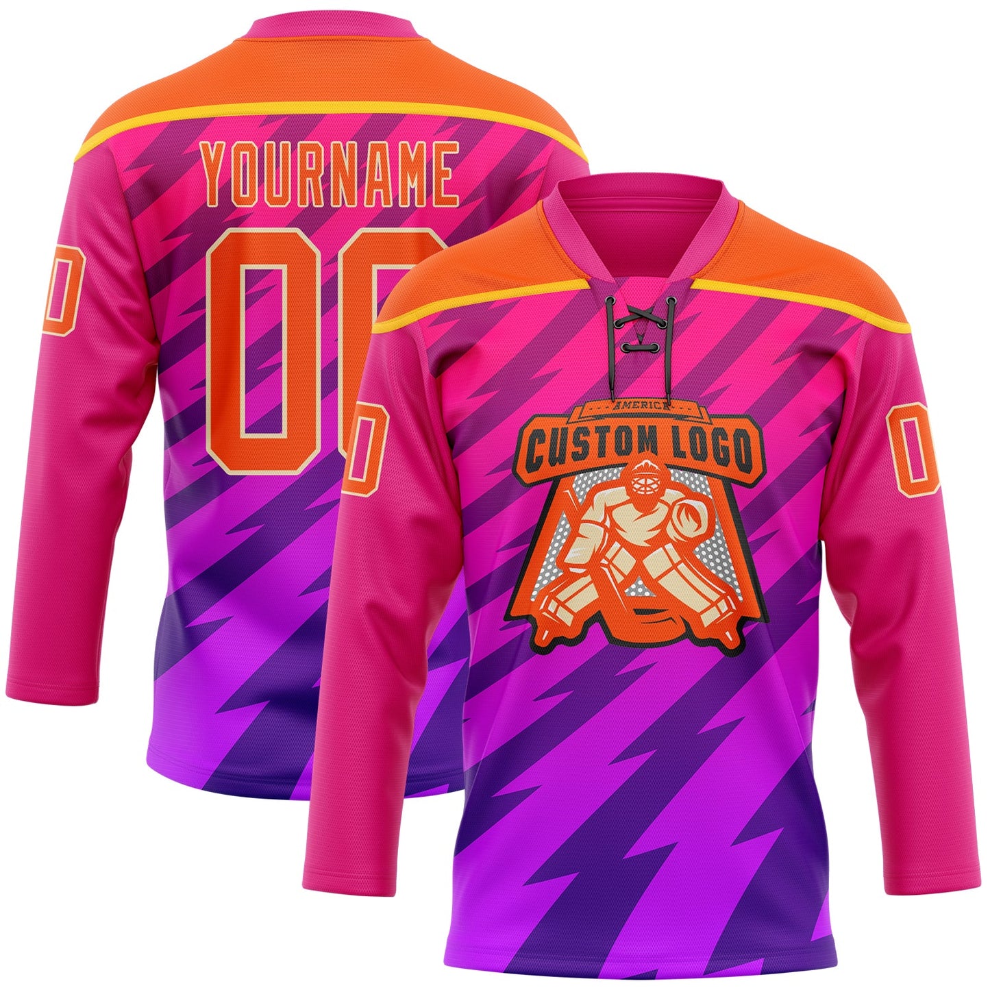 Custom Hot Pink Orange Purple Yellow-Cream Abstract Gradient Halftone Pattern Hockey Lace Neck Jersey view 2