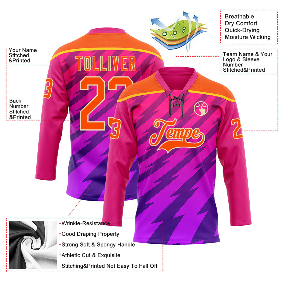 Custom Hot Pink Orange Purple Yellow-Cream Abstract Gradient Halftone Pattern Hockey Lace Neck Jersey view 5