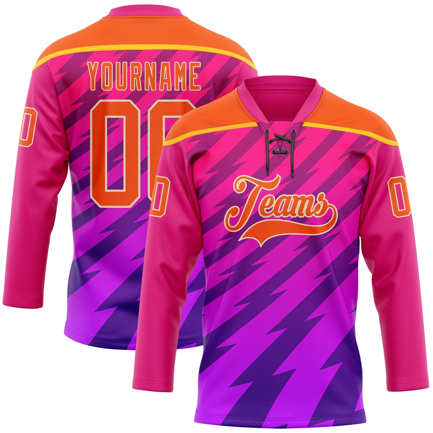Custom Hot Pink Orange Purple Yellow-Cream Abstract Gradient Halftone Pattern Hockey Lace Neck Jersey - Main View