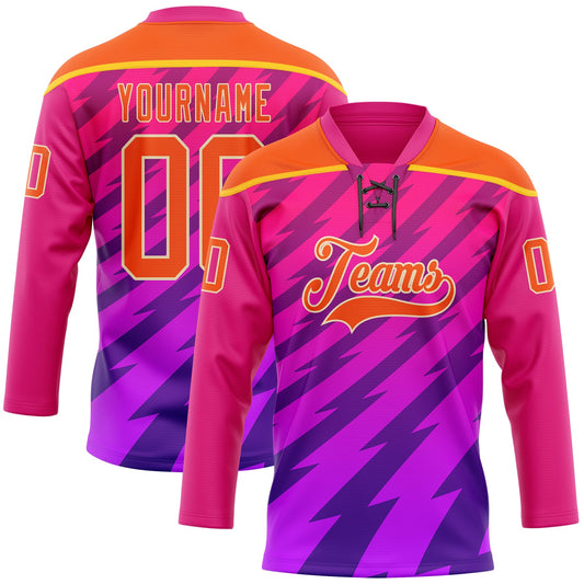 Custom Hot Pink Orange Purple Yellow-Cream Abstract Gradient Halftone Pattern Hockey Lace Neck Jersey - Main View