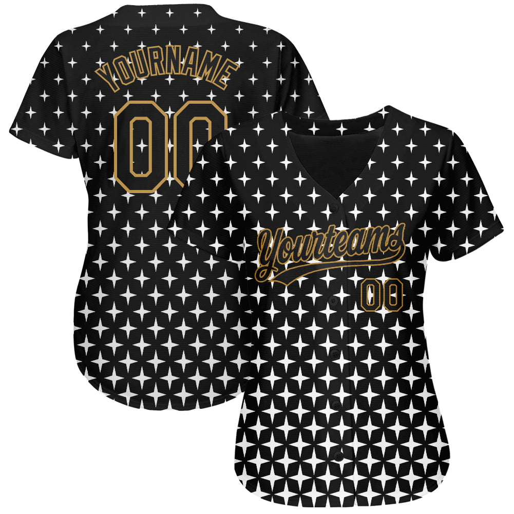 Custom Black Black-Old Gold 3D Pattern Design Authentic Baseball Jersey view 2