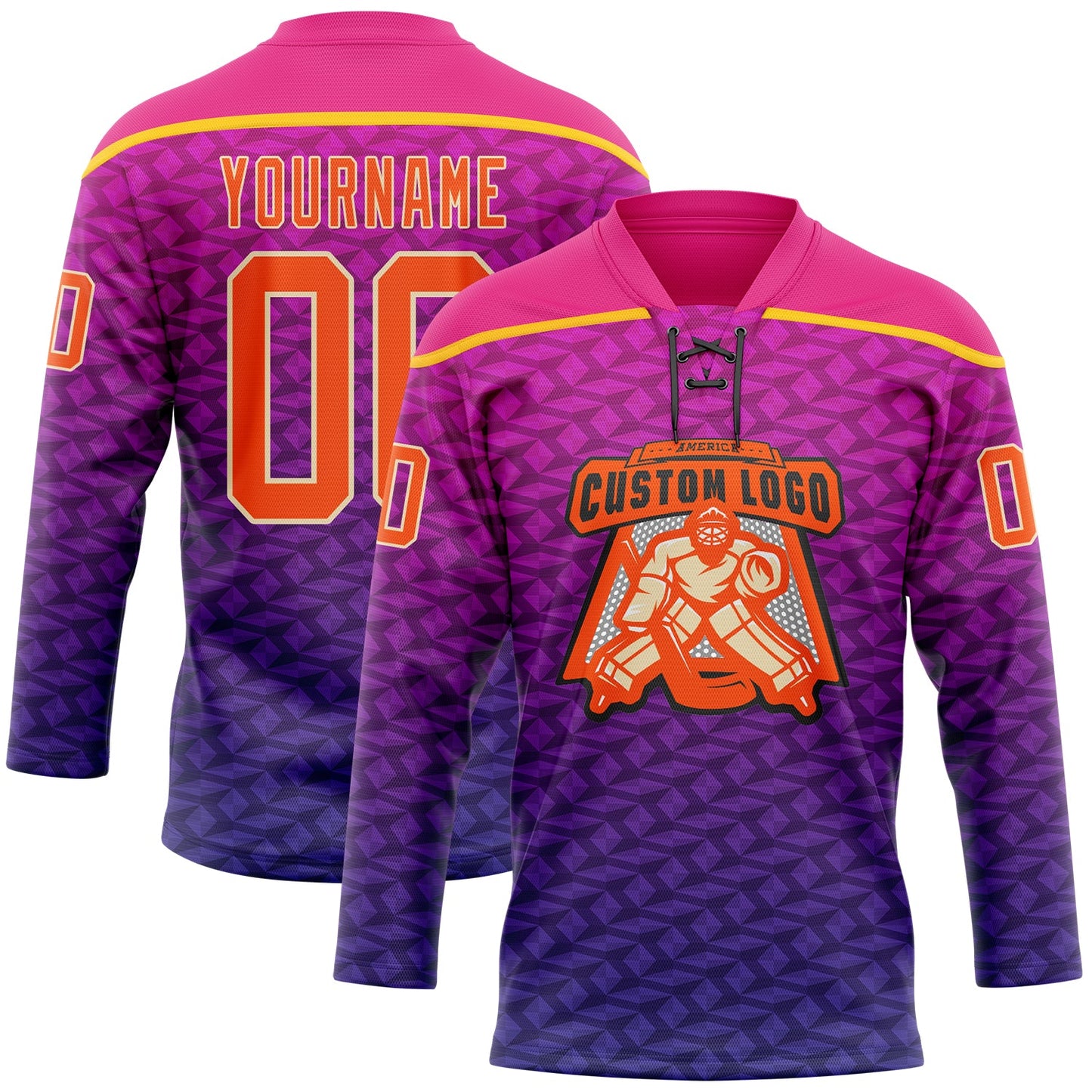 Custom Hot Pink Orange Purple Yellow-Cream Abstract Gradient Halftone Pattern Hockey Lace Neck Jersey view 2