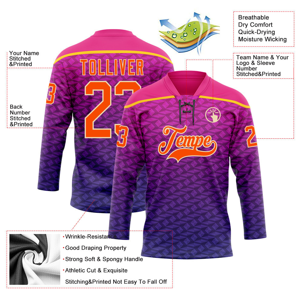 Custom Hot Pink Orange Purple Yellow-Cream Abstract Gradient Halftone Pattern Hockey Lace Neck Jersey view 5