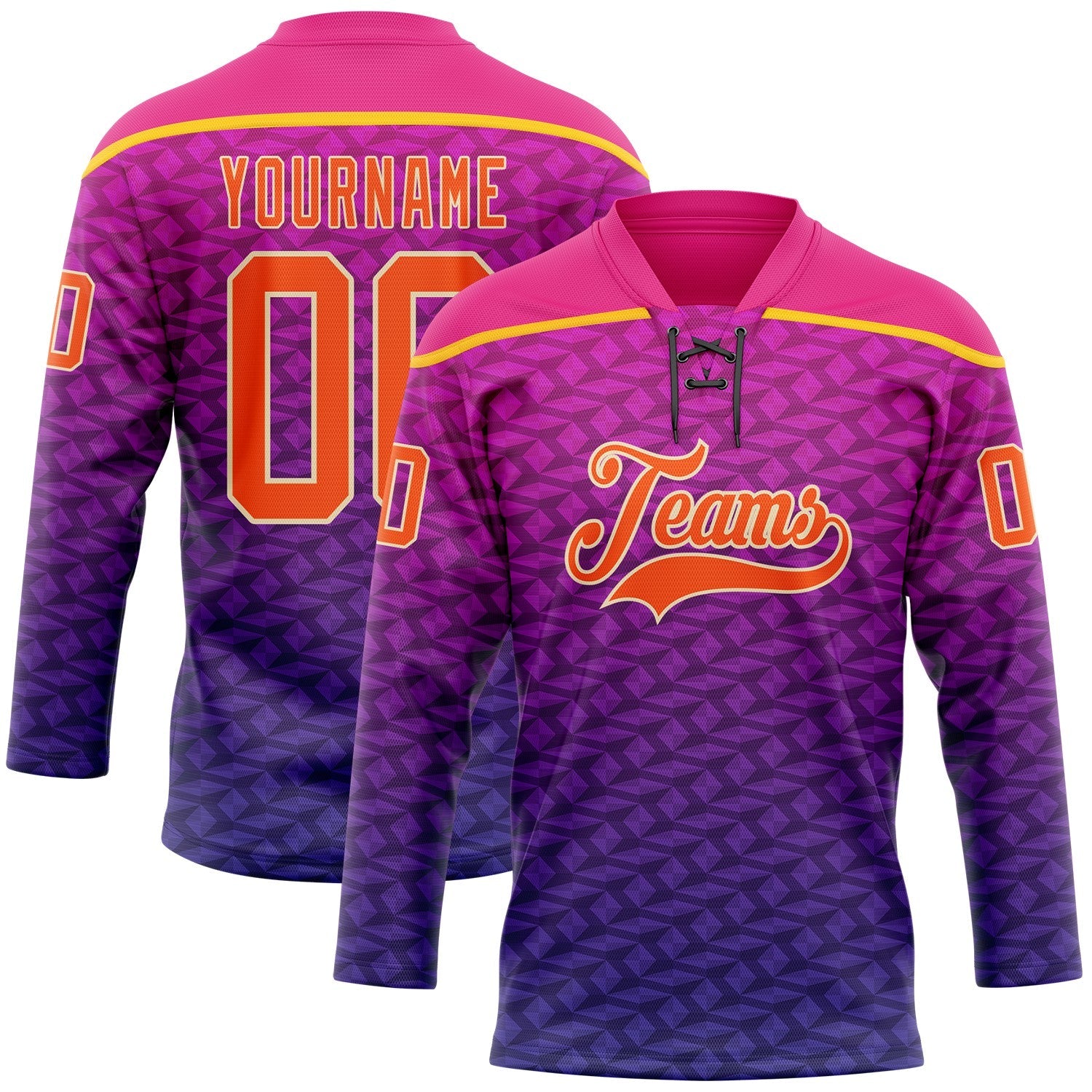 Custom Hot Pink Orange Purple Yellow-Cream Abstract Gradient Halftone Pattern Hockey Lace Neck Jersey - Main View