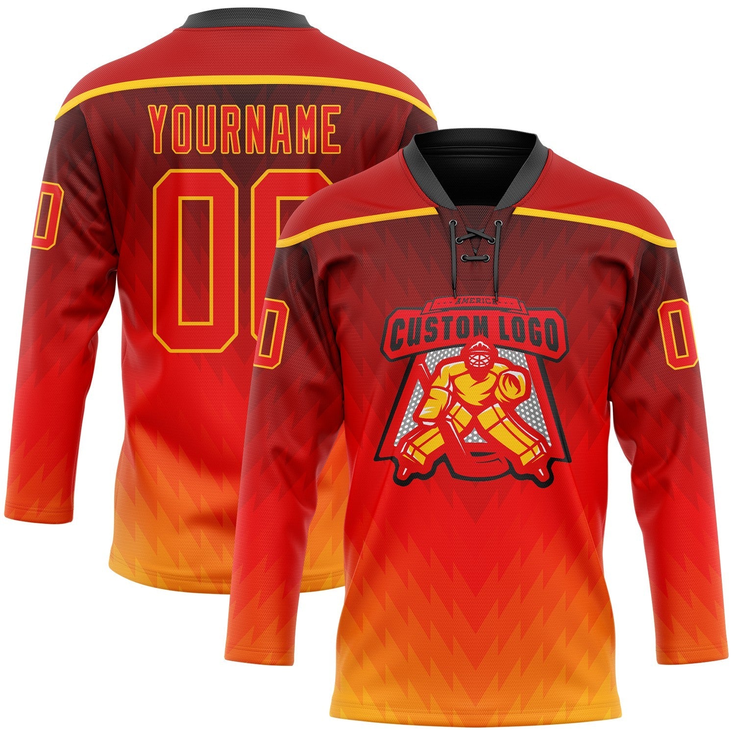 Custom Red Fire Red Gold-Black Abstract Gradient Halftone Pattern Hockey Lace Neck Jersey view 2