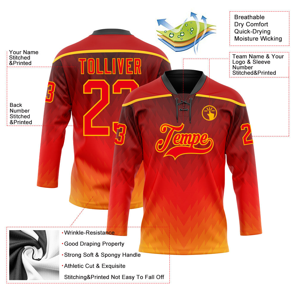 Custom Red Fire Red Gold-Black Abstract Gradient Halftone Pattern Hockey Lace Neck Jersey view 5