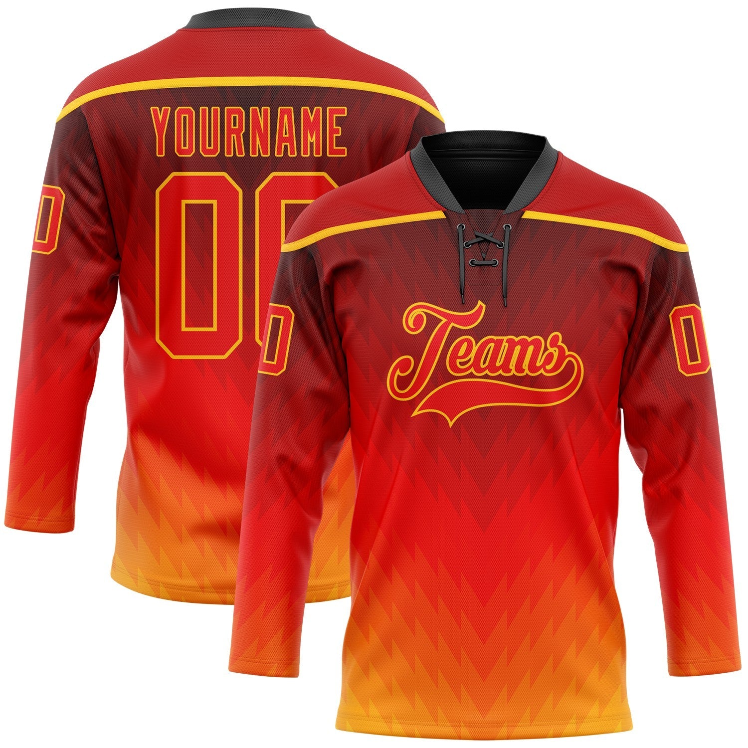 Custom Red Fire Red Gold-Black Abstract Gradient Halftone Pattern Hockey Lace Neck Jersey - Main View
