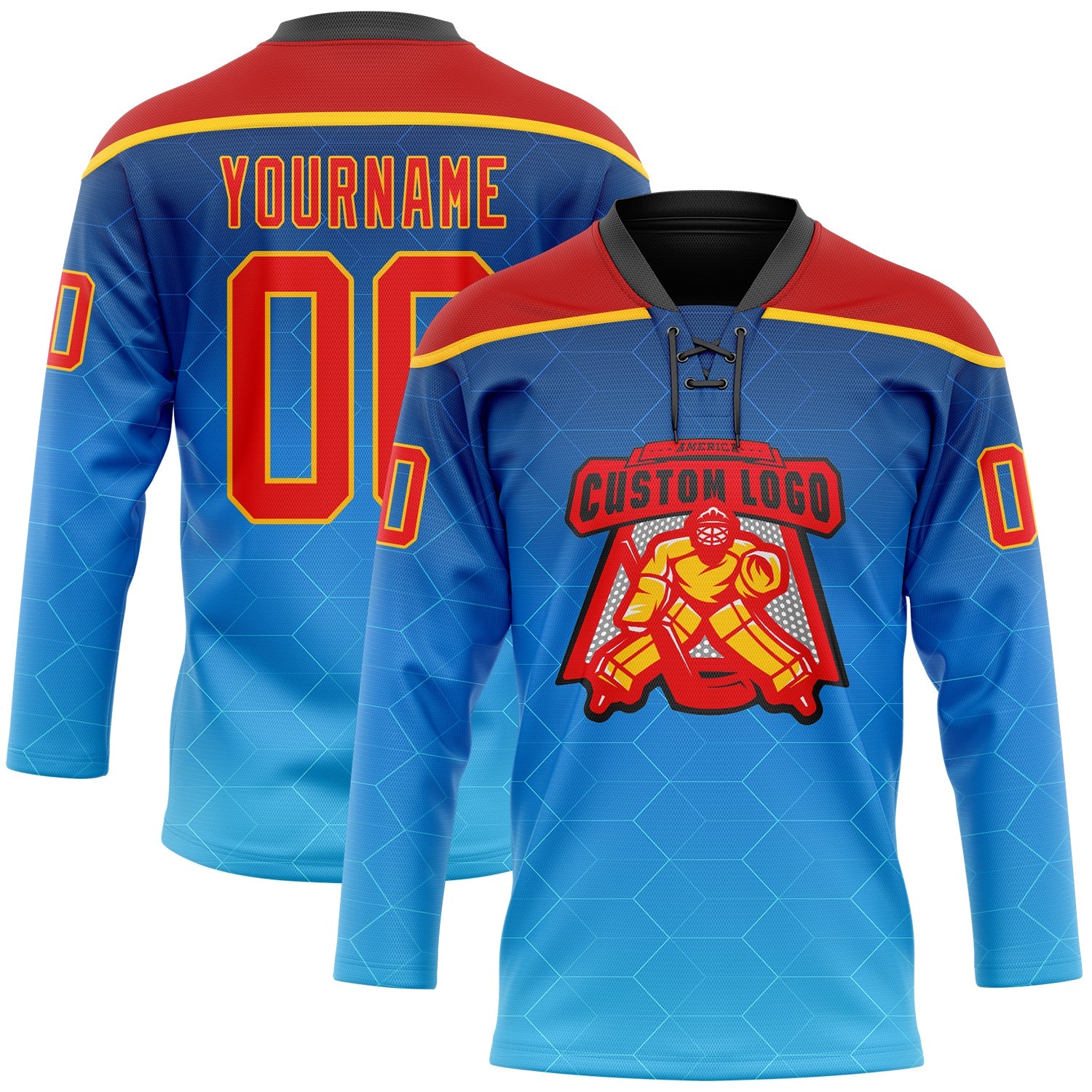 Custom Blue Fire Red Gold-Black Abstract Gradient Halftone Pattern Hockey Lace Neck Jersey view 2