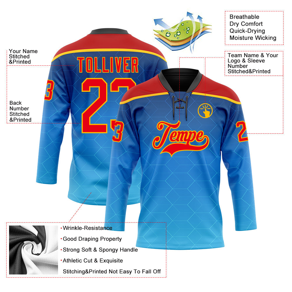 Custom Blue Fire Red Gold-Black Abstract Gradient Halftone Pattern Hockey Lace Neck Jersey view 5