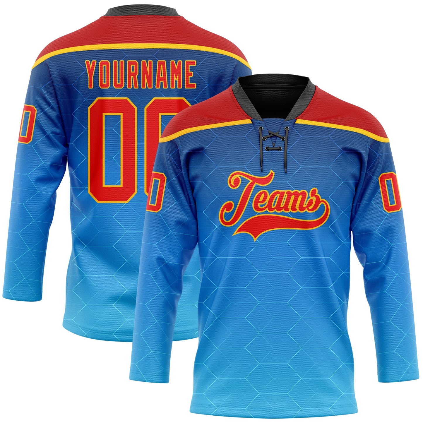 Custom Blue Fire Red Gold-Black Abstract Gradient Halftone Pattern Hockey Lace Neck Jersey - Main View