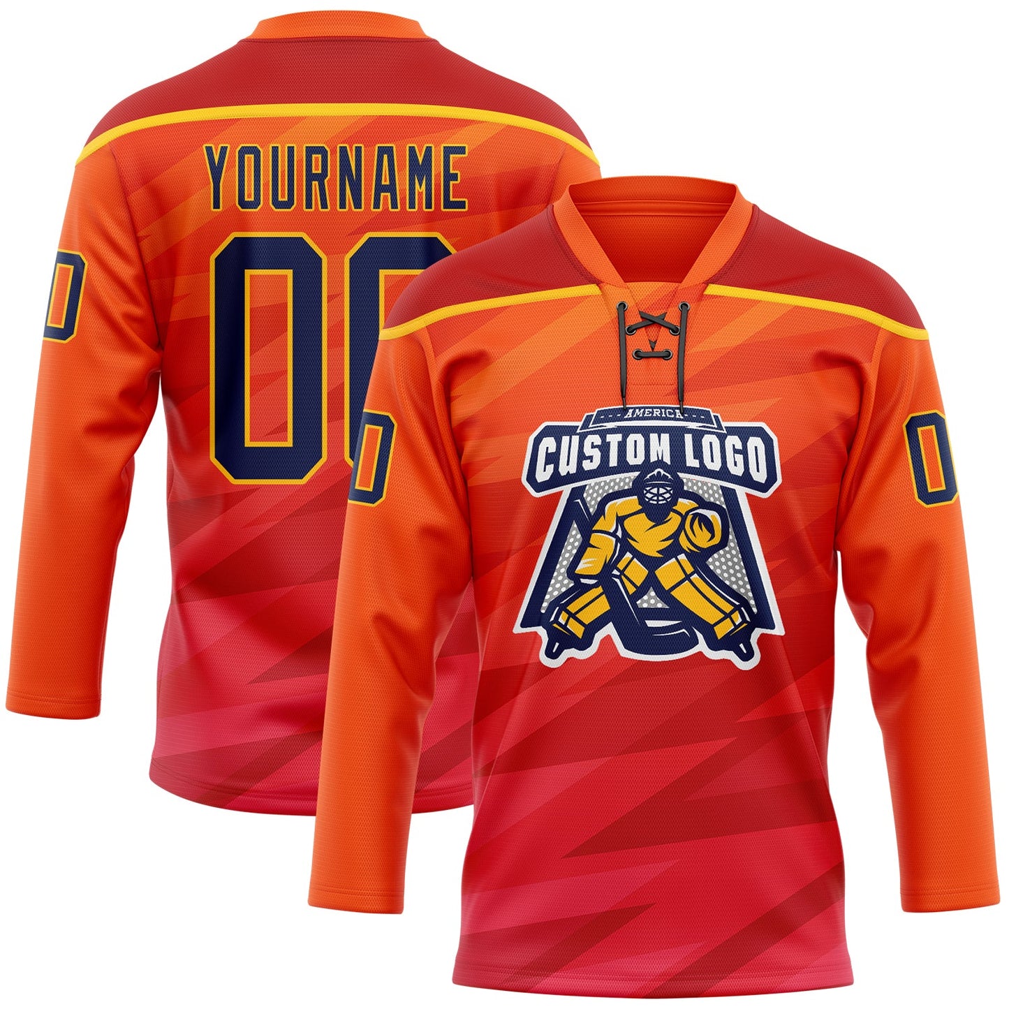 Custom Orange Navy Red-Gold Abstract Gradient Halftone Pattern Hockey Lace Neck Jersey view 2