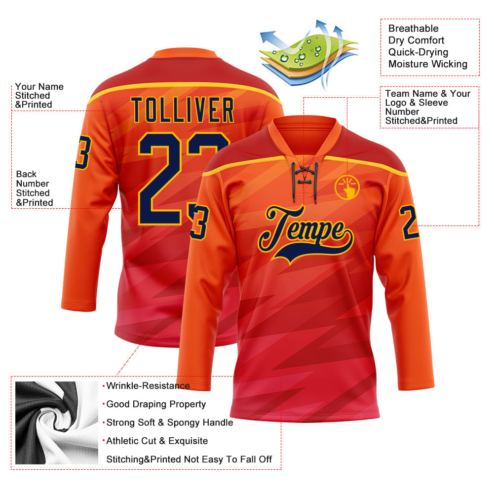 Custom Orange Navy Red-Gold Abstract Gradient Halftone Pattern Hockey Lace Neck Jersey view 5