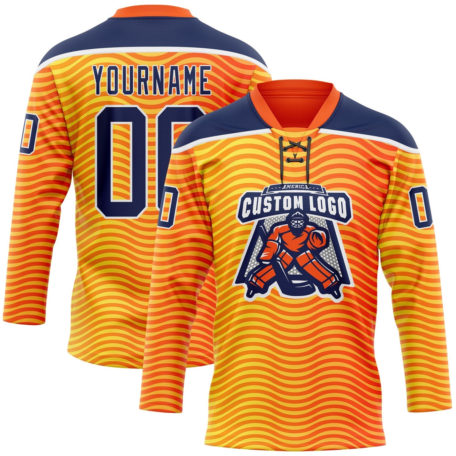 Custom Orange Navy Yellow-White Abstract Gradient Halftone Pattern Hockey Lace Neck Jersey view 2