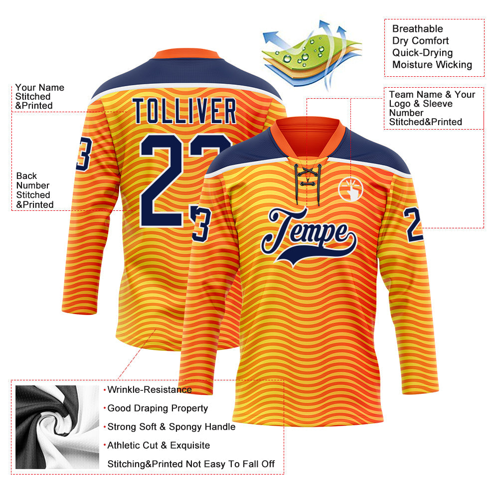 Custom Orange Navy Yellow-White Abstract Gradient Halftone Pattern Hockey Lace Neck Jersey view 5