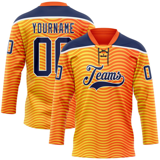 Custom Orange Navy Yellow-White Abstract Gradient Halftone Pattern Hockey Lace Neck Jersey - Main View