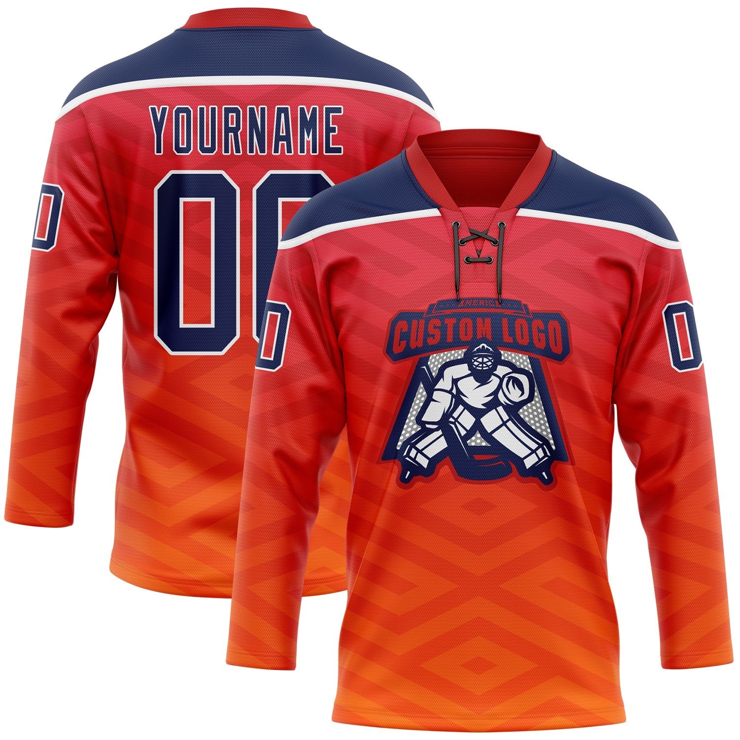 Custom Red Navy Yellow-White Abstract Gradient Halftone Pattern Hockey Lace Neck Jersey view 2
