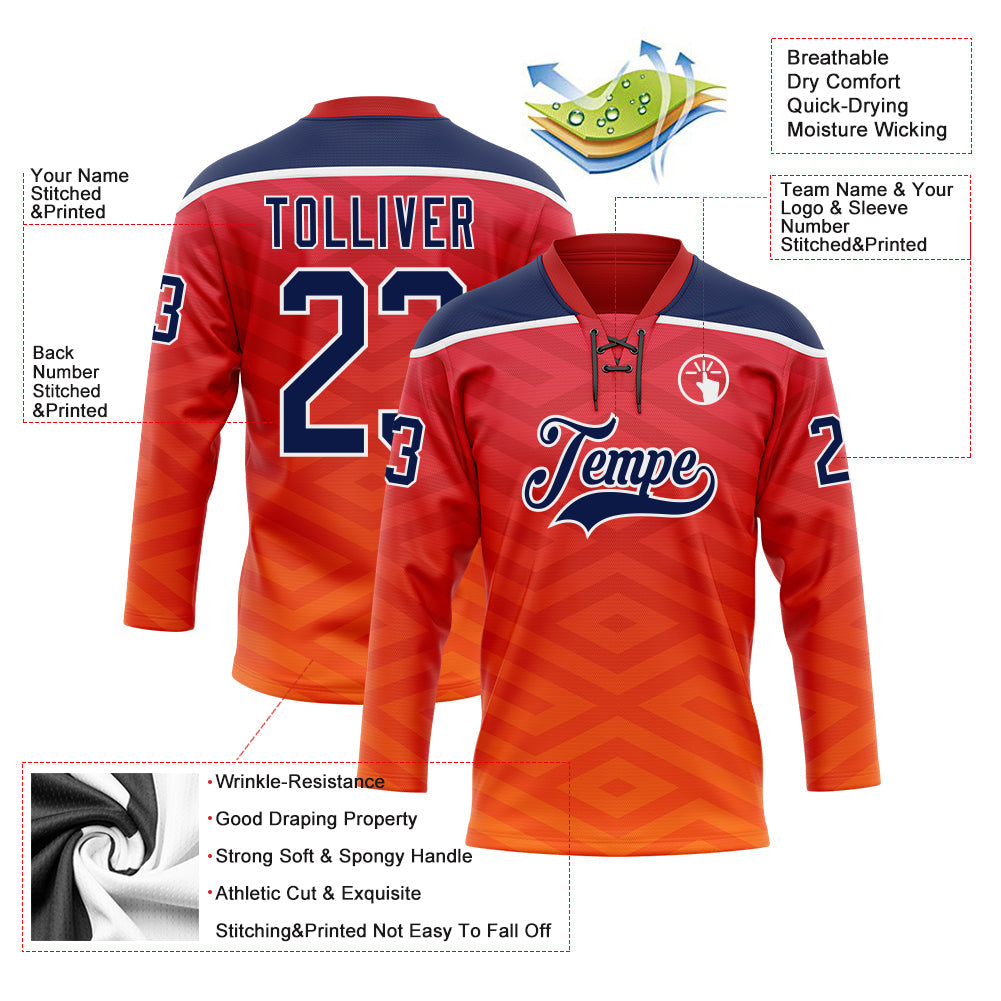 Custom Red Navy Yellow-White Abstract Gradient Halftone Pattern Hockey Lace Neck Jersey view 5