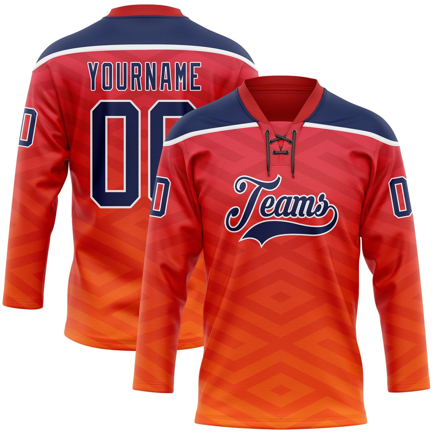 Custom Red Navy Yellow-White Abstract Gradient Halftone Pattern Hockey Lace Neck Jersey - Main View