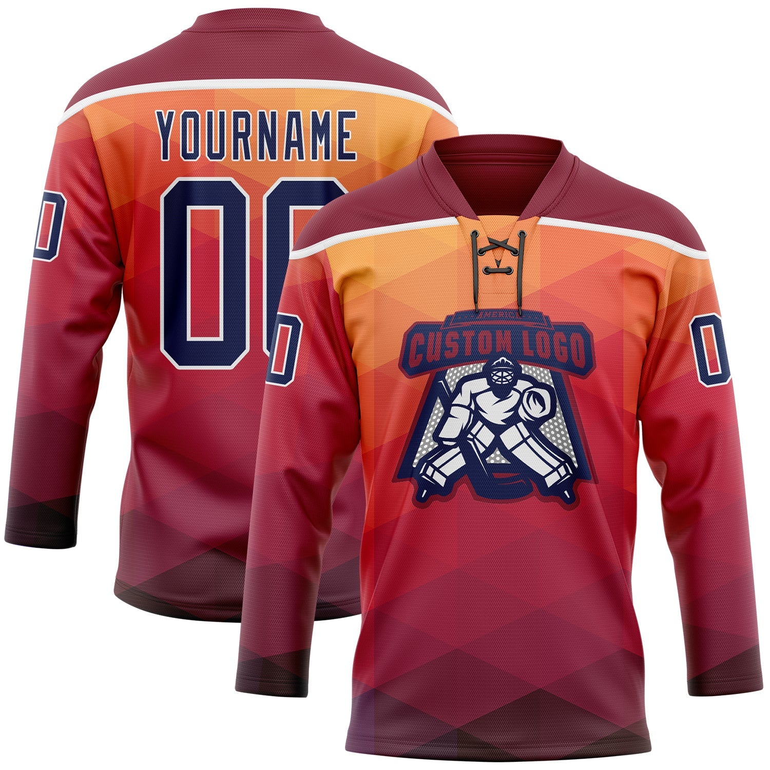 Custom Orange Navy Crimson-White Abstract Gradient Halftone Pattern Hockey Lace Neck Jersey view 2
