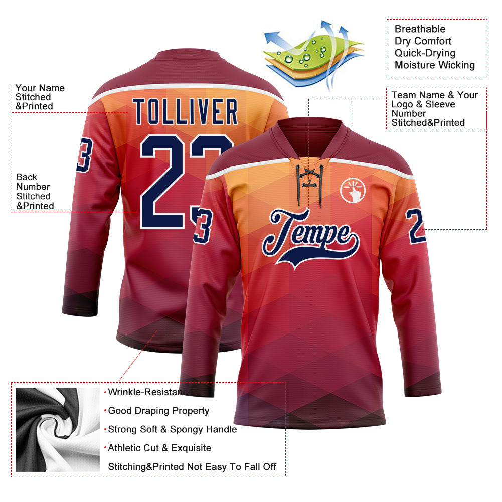 Custom Orange Navy Crimson-White Abstract Gradient Halftone Pattern Hockey Lace Neck Jersey view 5