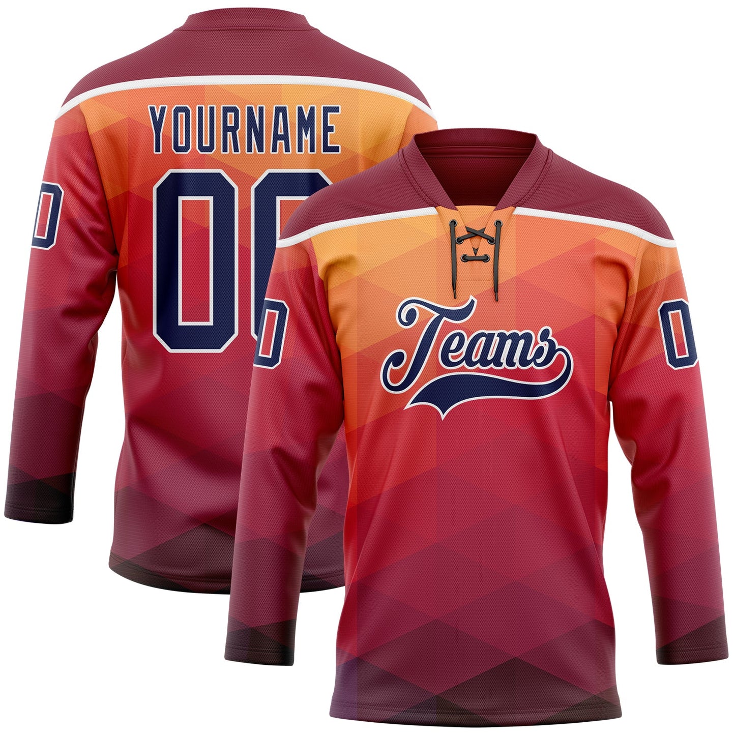 Custom Orange Navy Crimson-White Abstract Gradient Halftone Pattern Hockey Lace Neck Jersey - Main View