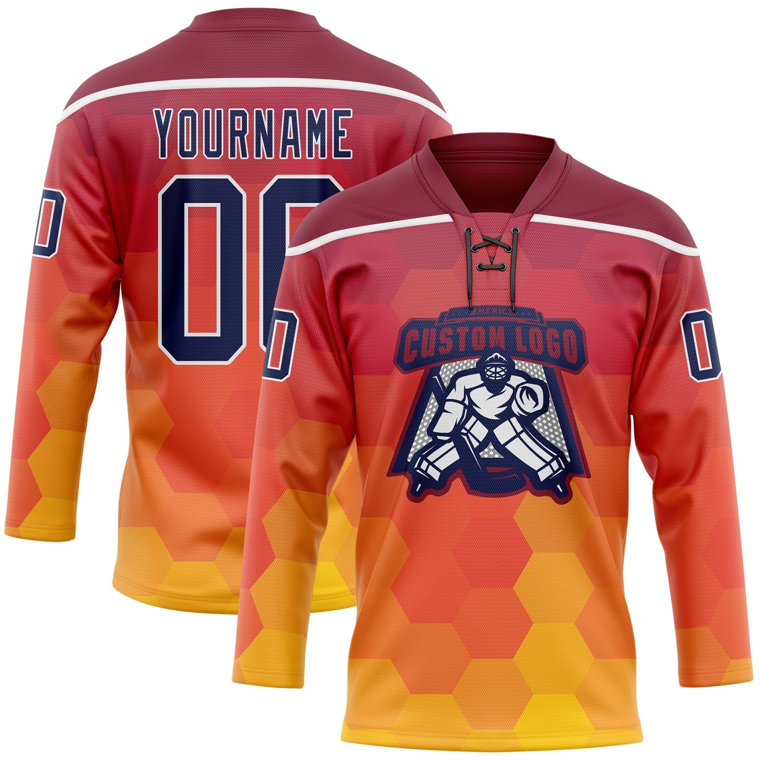 Custom Crimson Navy Yellow-White Abstract Gradient Halftone Pattern Hockey Lace Neck Jersey view 2