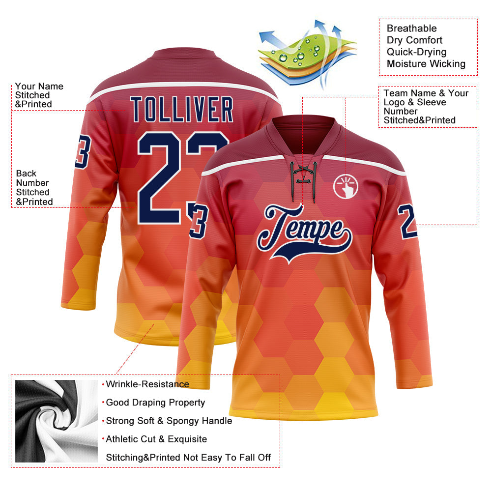 Custom Crimson Navy Yellow-White Abstract Gradient Halftone Pattern Hockey Lace Neck Jersey view 5