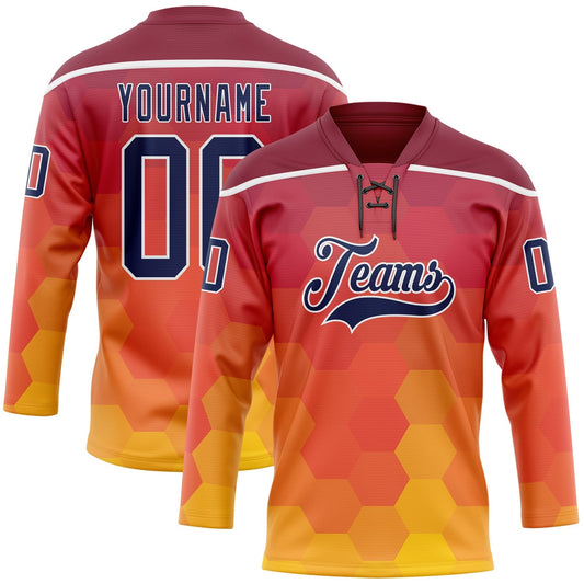 Custom Crimson Navy Yellow-White Abstract Gradient Halftone Pattern Hockey Lace Neck Jersey - Main View