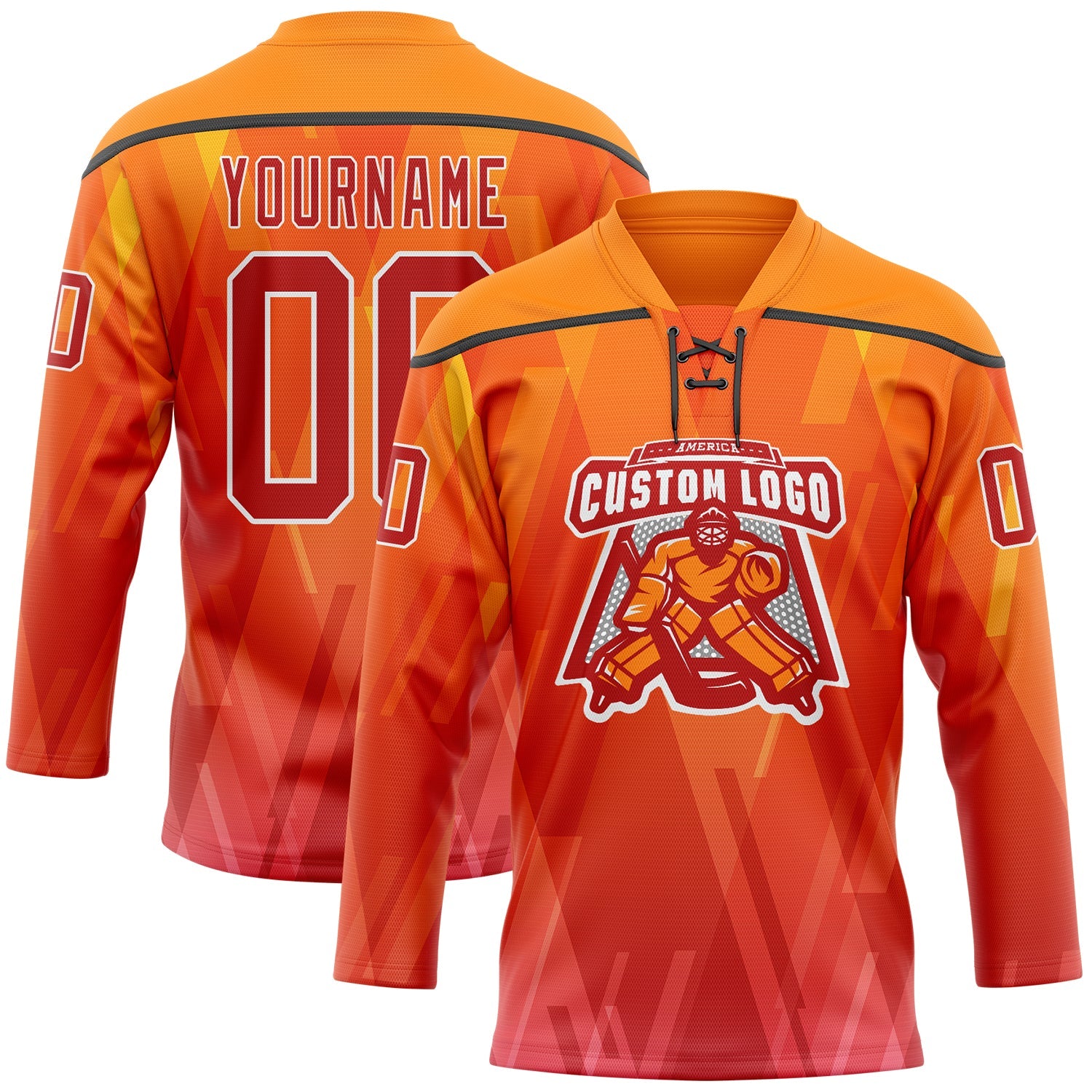 Custom Bay Orange Red Black-White Abstract Gradient Halftone Pattern Hockey Lace Neck Jersey view 2