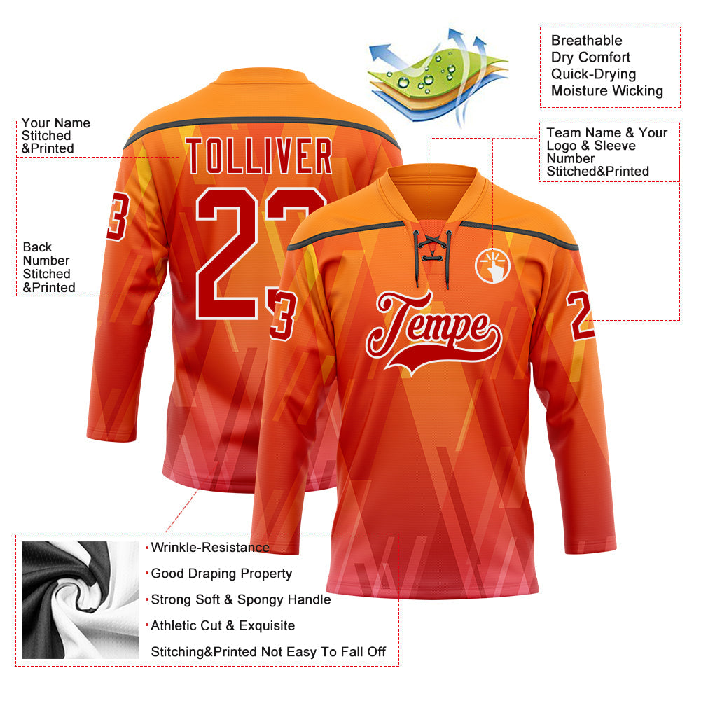 Custom Bay Orange Red Black-White Abstract Gradient Halftone Pattern Hockey Lace Neck Jersey view 5