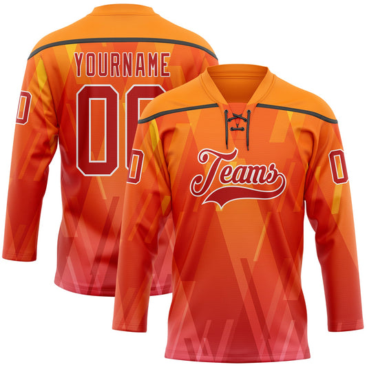 Custom Bay Orange Red Black-White Abstract Gradient Halftone Pattern Hockey Lace Neck Jersey - Main View