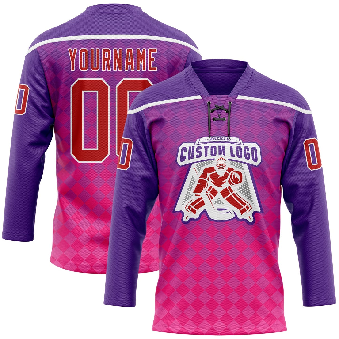 Custom Purple Red Pink-White Abstract Gradient Halftone Pattern Hockey Lace Neck Jersey view 2