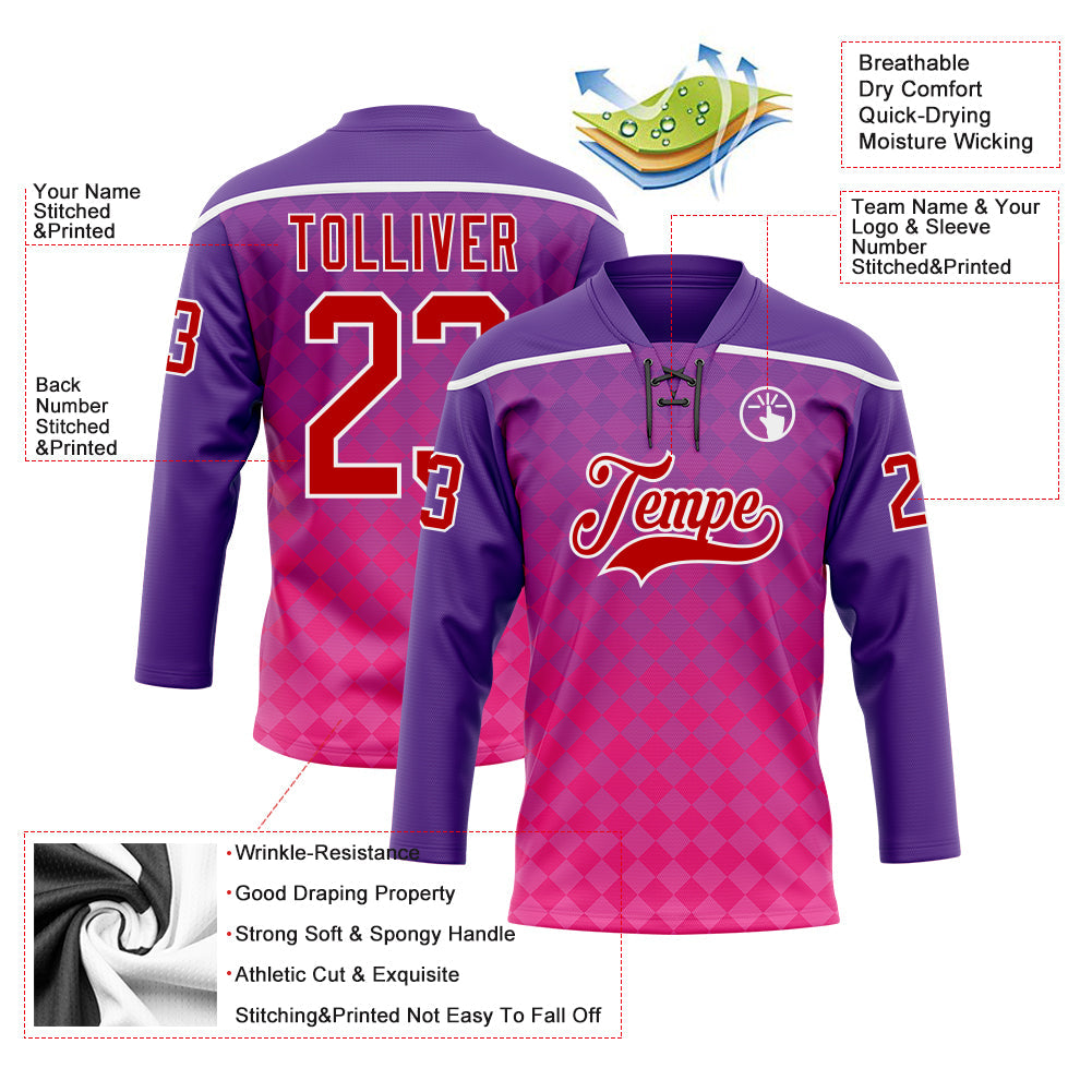 Custom Purple Red Pink-White Abstract Gradient Halftone Pattern Hockey Lace Neck Jersey view 5